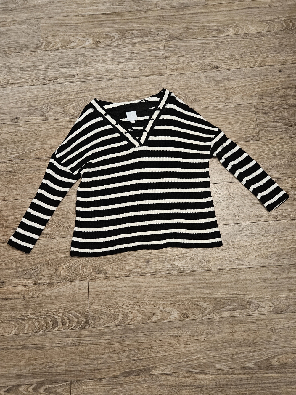 Sunday Black and White Striped Lace-Up V-Neck Sweater Size L